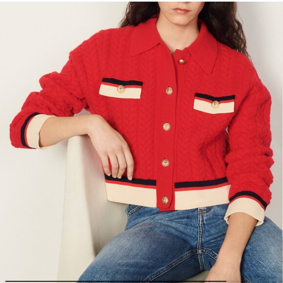 Sandro Idriss Colorblock Cable Knit Wool Cardigan - Picture 1 of 5
